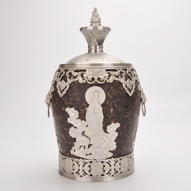 Great Compassion Zen Tea Tin Inlaid Jar Arts and Crafts Master Li Zisen Premium Pu'er Tea Made Wall Yunnan Pure Tin