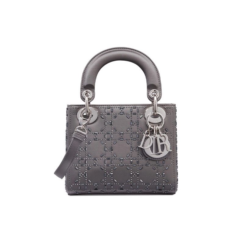 9.9 New Dior/Dior Lady Dior Gray Lambskin 3-Compartment Beaded Women's Mini Lady Dior Handbag
