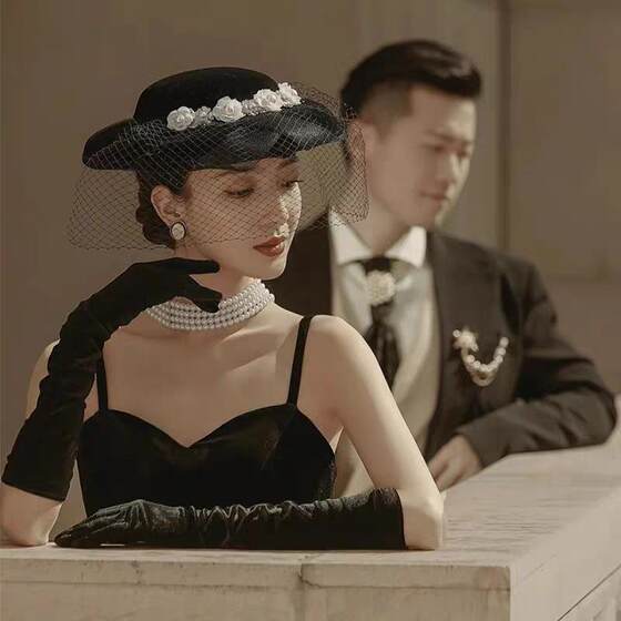 M005 French Hepburn black top hat, versatile and elegant, mesh-covered wedding photography, fashionable British style hat
