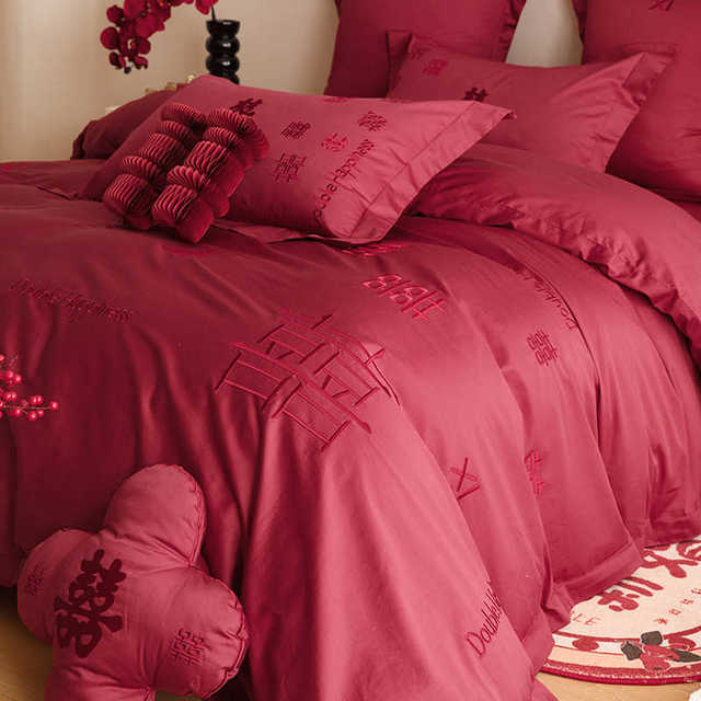 New Chinese style Baixi embroidery wedding four-piece set full cotton 60 long velvet cotton red wedding quilt cover bed sheets bed cover