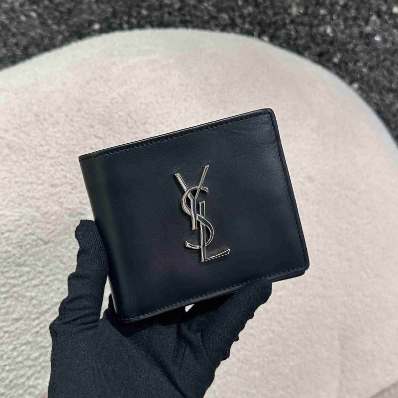 [98 New] Ysl Saint Laurent Silver Label Logo Short Double-Fold Smooth Leather Wallet Black