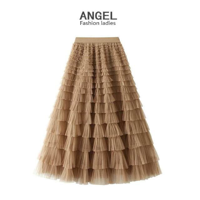 Mesh ruffled temperament skirt women's spring and autumn new style lady long skirt slimming cake skirt customization