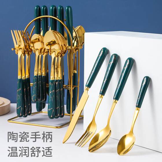 European-Style Light Luxury Stainless Steel Cutlery 24-Piece Gift Box Set with Ceramic Handles, Stainless Steel Knife, Fork, and Spoon Set