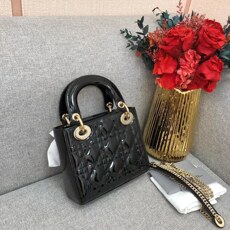 Сумка 99新dior/迪奥三格黑色漆皮金扣戴妃包链条女士单肩斜挎包