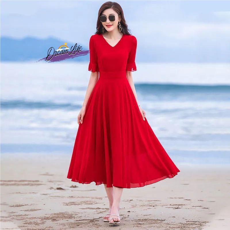 Big Swing Skirt 2026 Summer Red Mid-Length Dance Chiffon Dress Plus Size Long Skirt over the Knee Vacation Beach Dress Summer