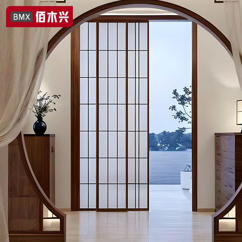 隔断门新中式实木推拉门阳台门定制宋代美学卧室吊轨门推拉折叠门