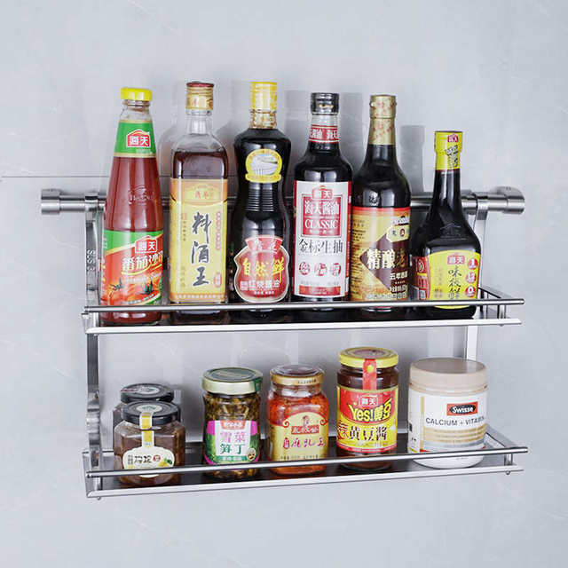 Kitchen seasoning storage rack 304 stainless steel brushed single and double-layer wall-mounted seasoning storage rack kitchen hanging parts