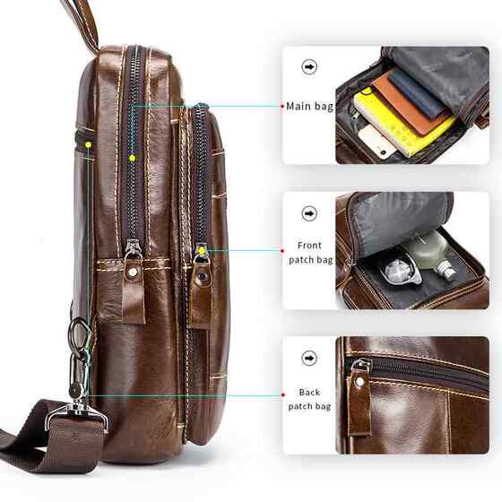 Cowhide Chest Bag for Men, First-Layer Cowhide, Vintage Oil-Waxed Leather, Fashionable Men's Chest Bag, Single Shoulder Handbag, Crossbody Bag