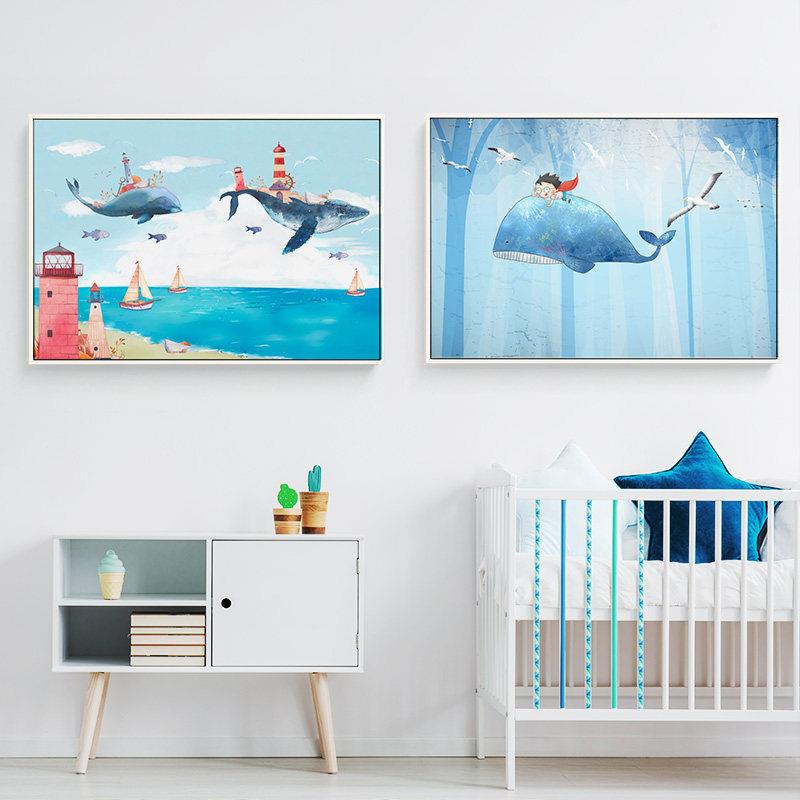 Children's Room Decorative Painting, Bedroom Cute Cartoon Whale Castle Dreamy Room Hanging Painting, Childlike and Fresh Bedside Wall Art