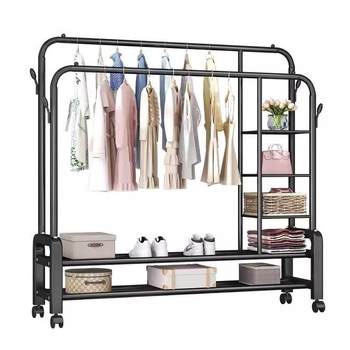 Household double rod clothes hanger bedroom mobile bold floor-standing clothes hood rack simple balcony storage clothes drying rack