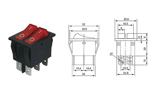 JK30 frying-baking machine switch electric cake pan switch double-joint with LED KCD8-212N double-boat switch