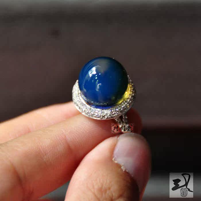 修明堂 镶钻蓝珀戒指 天然墨西哥净水蓝蓝珀吊坠女士女款 送证书
