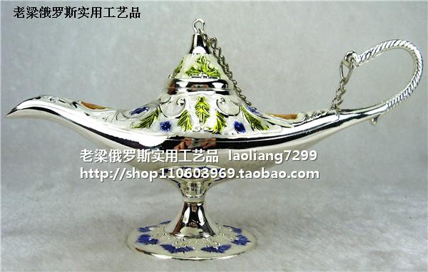 Z2 Russian colored tin alloy metal pendulum Aladdin god lamp with enamel glazed silver edge white blue gold floral wish-Taobao