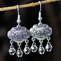Retro Chinese style jewelry Miao silver long life lock bell earrings women Yunnan ethnic style