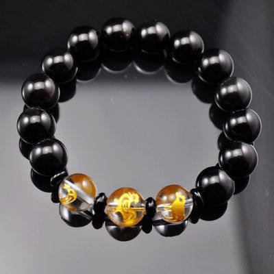 修明堂生肖蛇鸡牛人2016猴年开运黑曜石三合贵人手链 巳酉丑 女款