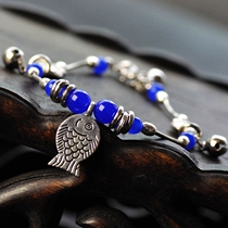  Retro Chinese style original blue agate seedling silver happy fish anklet womens handmade diy ethnic jewelry 263B