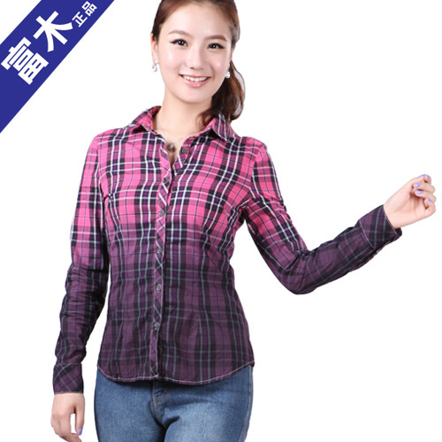 Rich wood A-702 spring new women's long-sleeved cotton slim-fit thin shirt wrinkled gradient plaid shirt women
