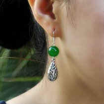Vintage Green Onyx Seedlings Silver Hollow Water Drop Earrings Multi-color Optional Earrings Korean Style Long Elegant Earrings