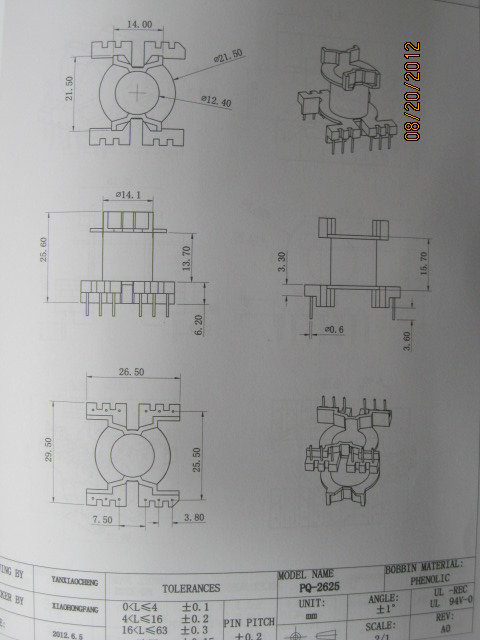 Transformer inductor PQ2625 core plus skeleton