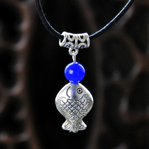 Chinese style retro national style original handmade jewelry Blue agate seedling silver small fish necklace female-479