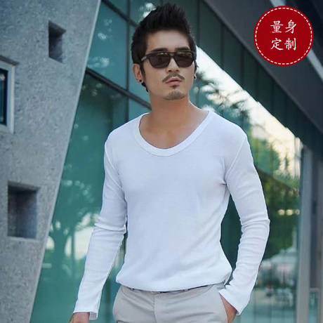 New Korean men in spring to make big round-collar long-sleeved T-shirt tailored cotton low-collar T-shirt custom