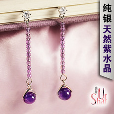 Серьги 纯银小耳坠 天然高品质紫水晶小吊珠耳钉 镶钻耳环小巧精致不过敏