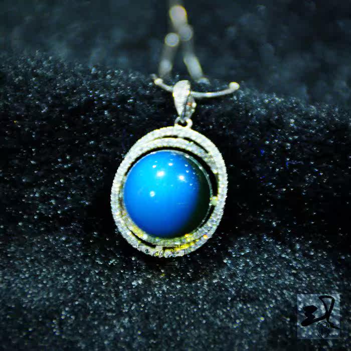 修明堂 天然墨西哥净水蓝蓝珀 925纯银镶嵌蓝珀女士吊坠女款项链