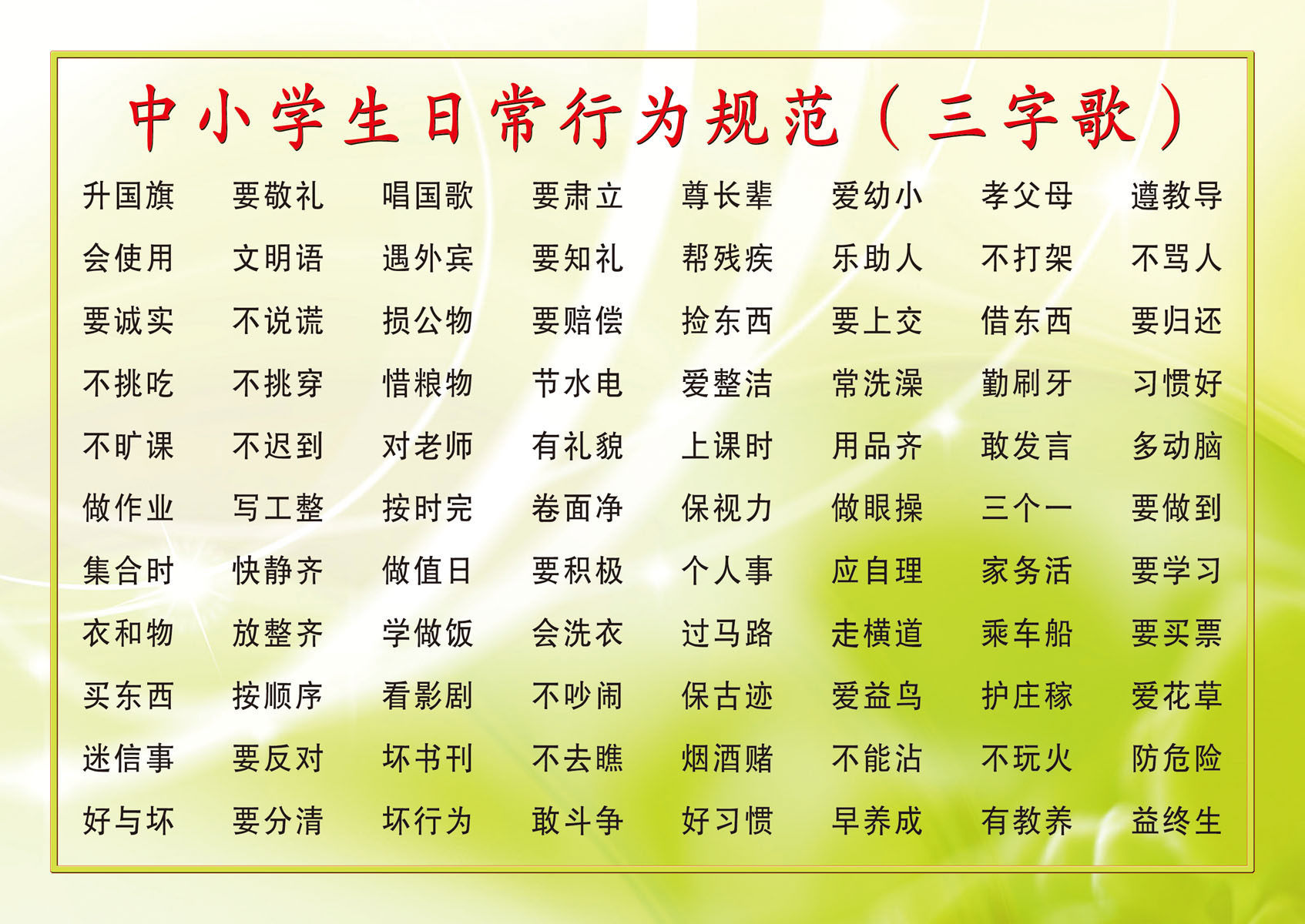 659海报印制展板素材24中学生日常行为规范三字歌