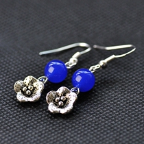  Retro Chinese style jewelry womens original blue agate seedling silver earrings womens jewelry