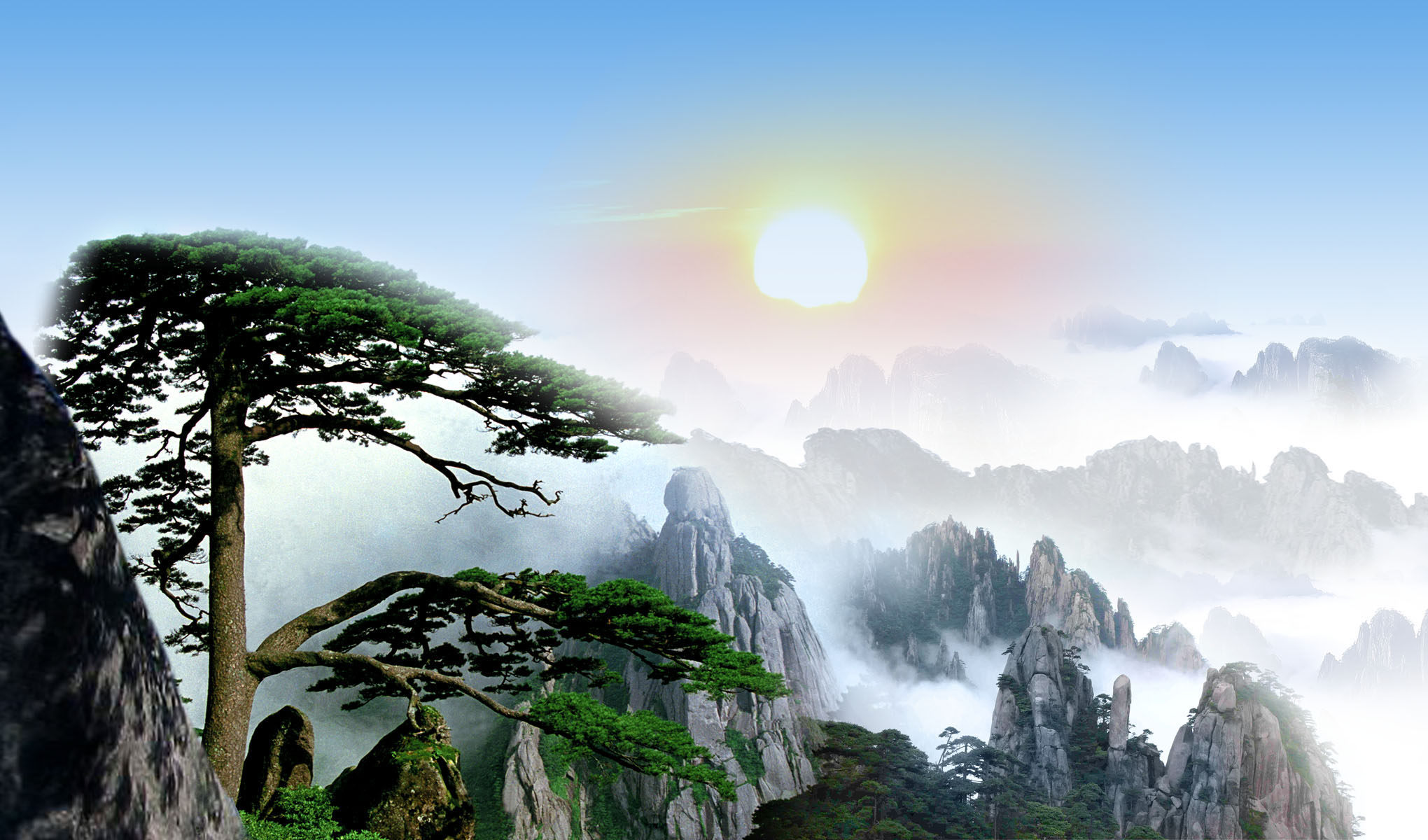 628海报印制海报展板素材870迎客松 日出风景图