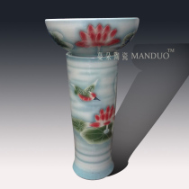 Pastoral lotus scenery washbasin high foot column ceramic porcelain wash basin personality landscape wash basin