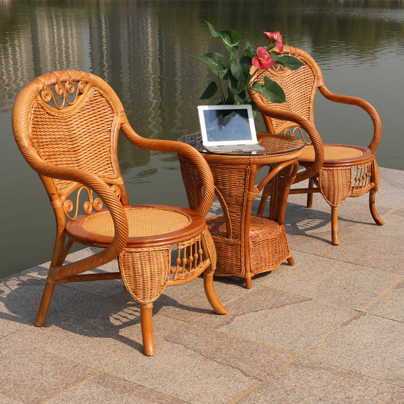 Rattan 3-piece coffee table outdoor balcony table and chair combination Chinese natural real rattan leisure chair leisure table rattan chair