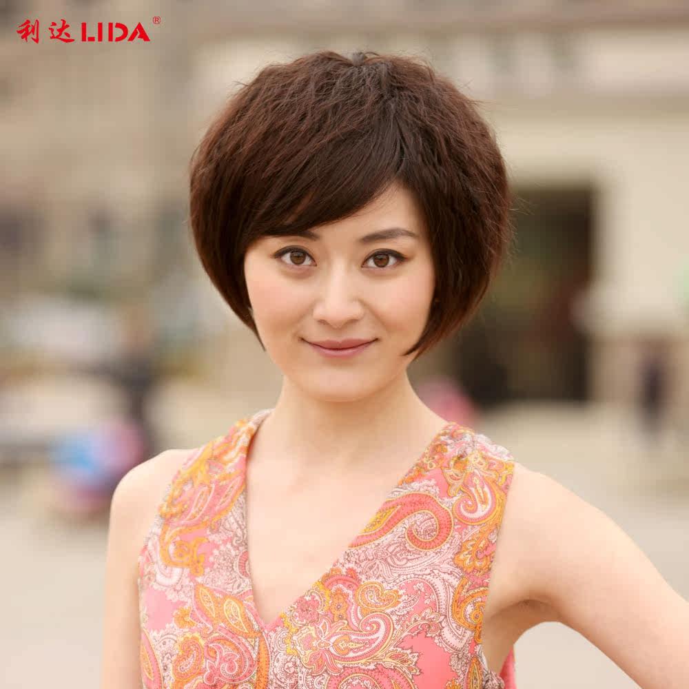 利达真发假发 女短发 时尚修脸BOBO梨花头 真发假发套 妈妈假发套