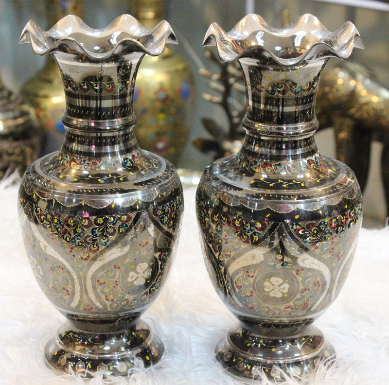 Pakistan handicraft bronze ware 12 inch color dot roasted silver flower mouth altar type rich bottle manufacturers direct sales BT26