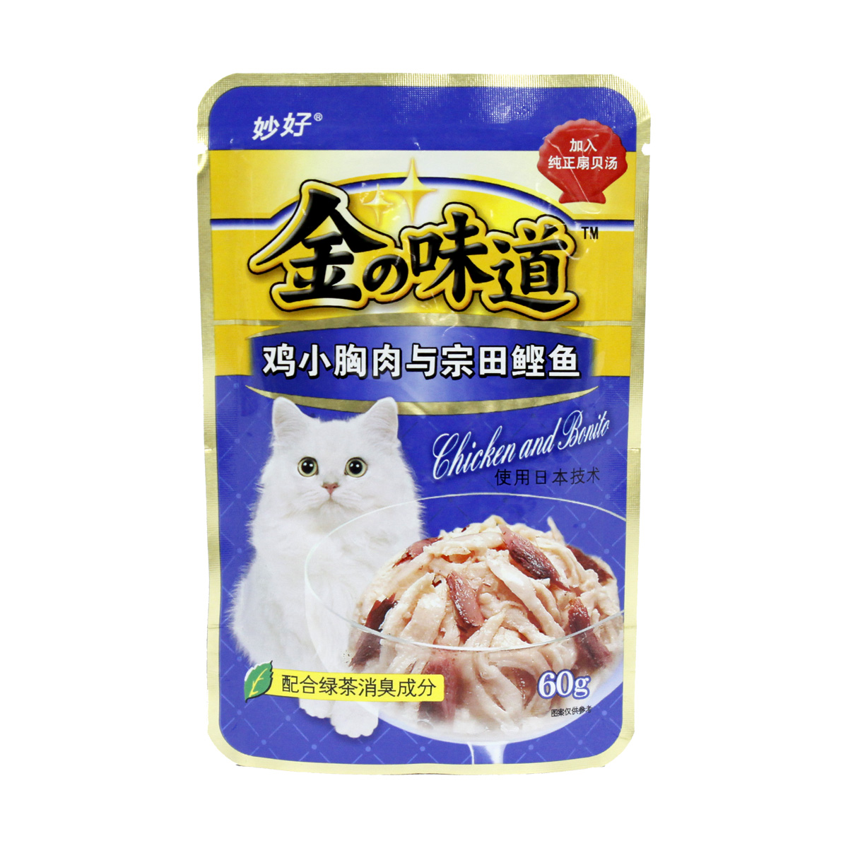 波奇网 宠物猫零食伊纳宝妙好软包金味道鸡小胸肉宗田鲣鱼深蓝60g