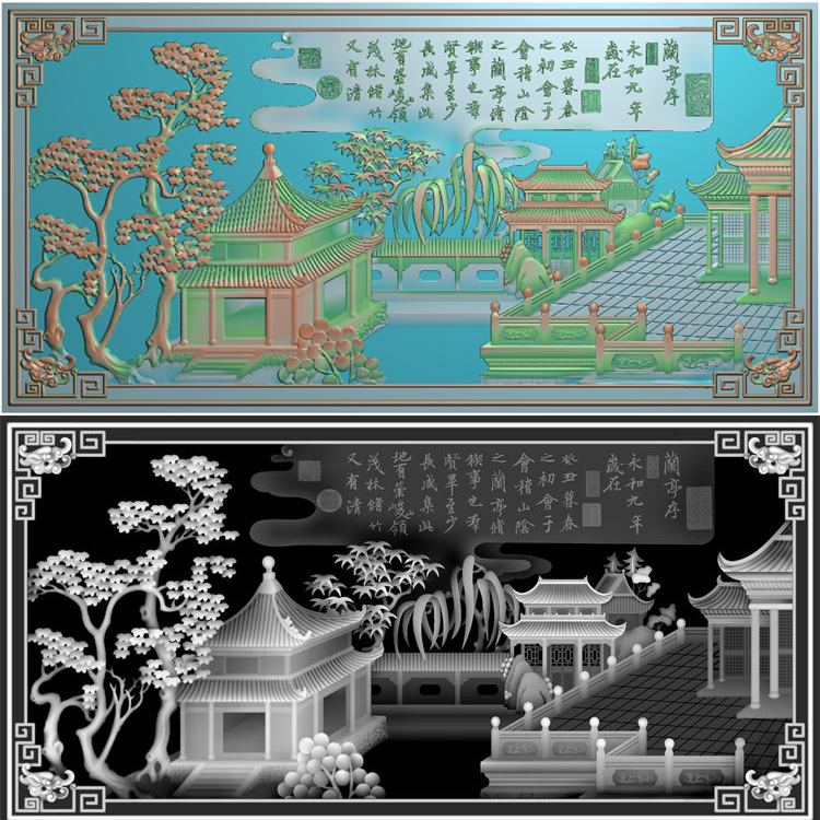 Lanting Preface Finely Carved Drawing Short Sofa Backrest Computer Engraving Drawing Grayscale Relief Drawing Landscape Material File