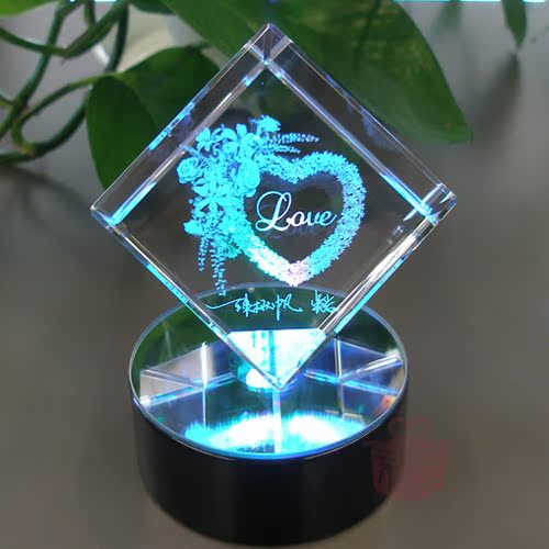 Personalized custom 3D engraved crystal cube plus colorful rotating base birthday commemorative romantic gift