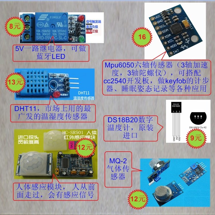 Complete sensor package with CC2540 CC2640 CC3200 development board