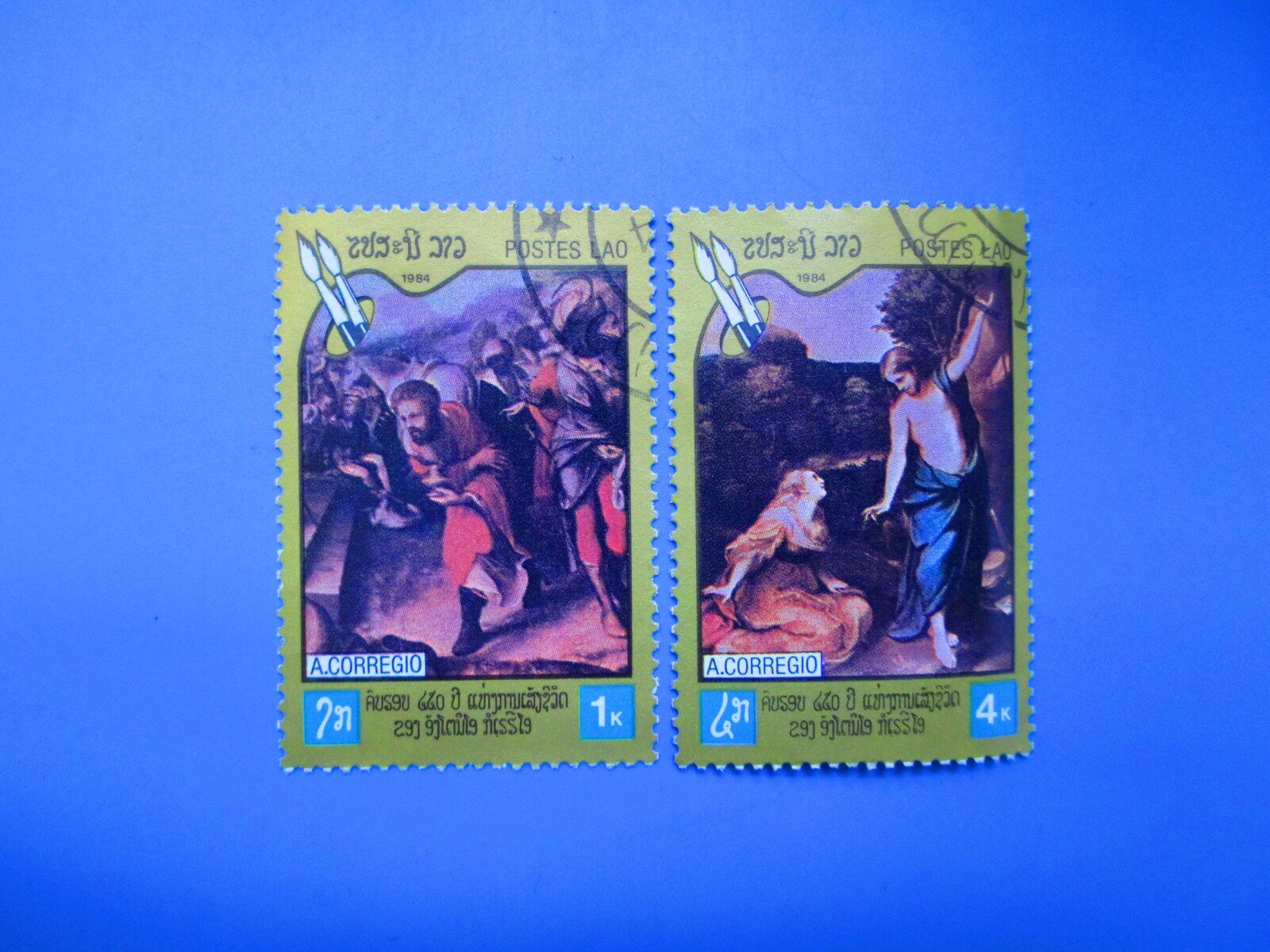 Foreign Stamp Laos 1984 Painters Kollaccio dies at 450 annual Gai pin 2 different