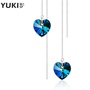 YUKI银饰品耳线女款 925银奥地利蓝水晶韩版时尚海洋之心超长耳饰