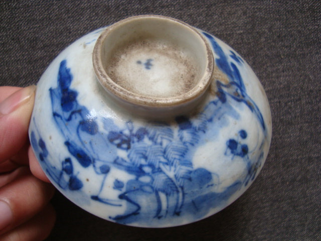 T1173 Qing Dynasty blue-and-white fishing and farming woodsman reading map small tea bowl cover, good painting