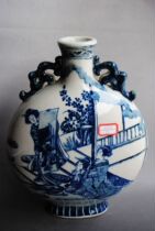 Qing Kangxi blue and white kimono female flat bottle