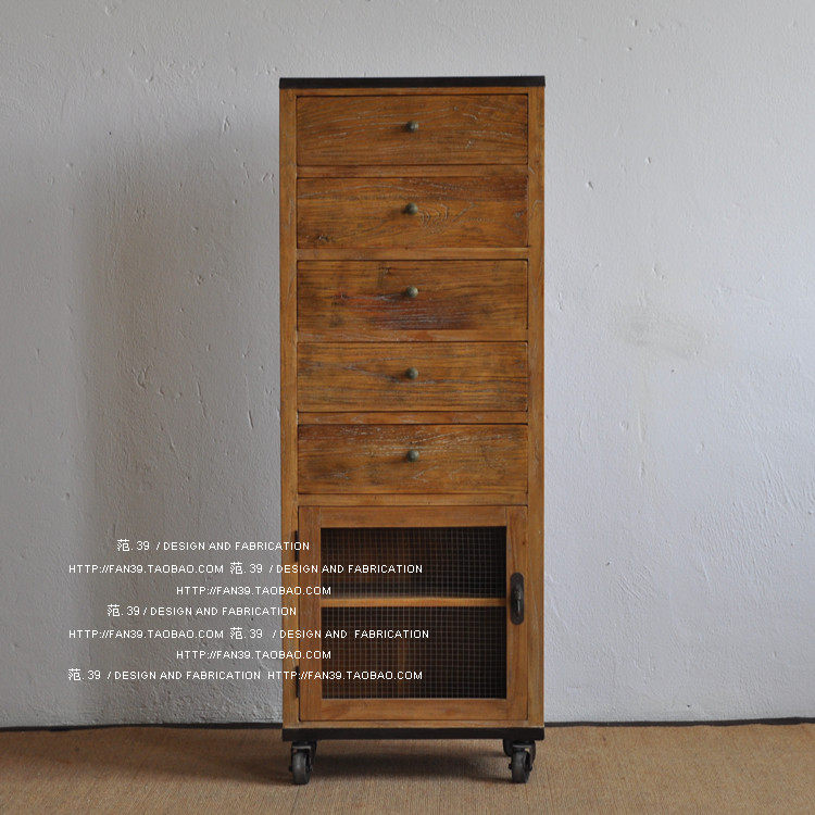 Iron Art Industrial Retro Style Furniture Iron Art Elm Wood Four Wheels Cabinet Bathroom containing cabinet