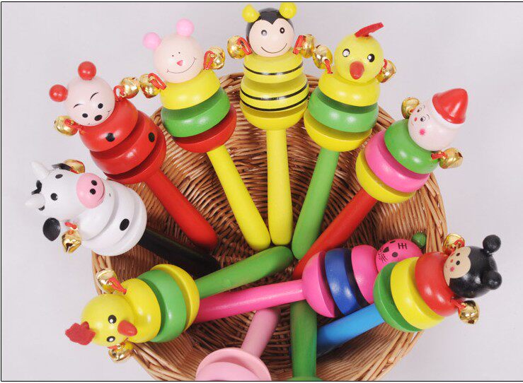 Infant rattle toy multicolor cartoon wooden rattle toddler educational children's toy bell rattle