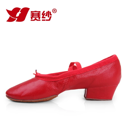 赛纱真皮芭蕾舞鞋带跟教师鞋软底帆布女舞鞋中跟民族舞鞋女练功鞋