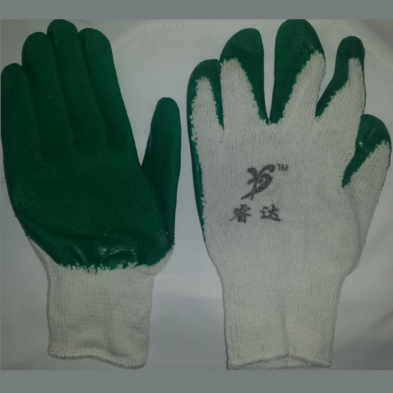 Ten needles impregnated latex woven cotton yarn Ruida white yarn green wrinkled labor insurance gloves soft, non-slip, corrosion-resistant