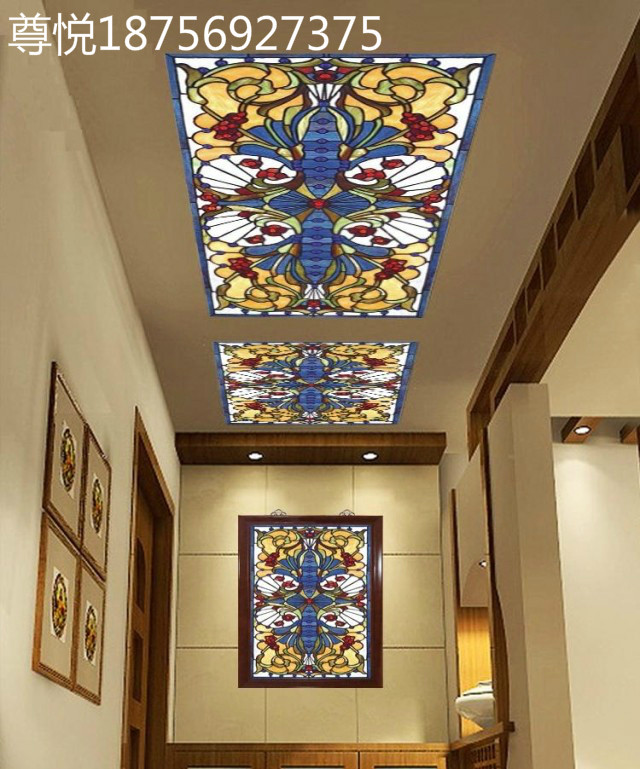 Art glass partition European style glass screen decorative partition Walkway ceiling Translucent suspended ceiling Entrance doors and windows