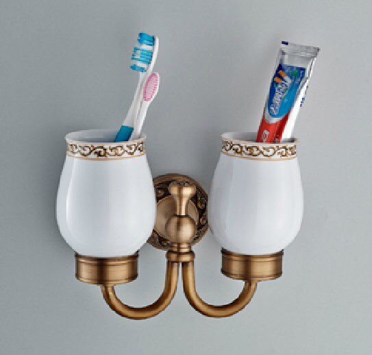 Brass copper antique European creative double cup ceramic cup retro mouthwash cup tooth cup new bathroom products