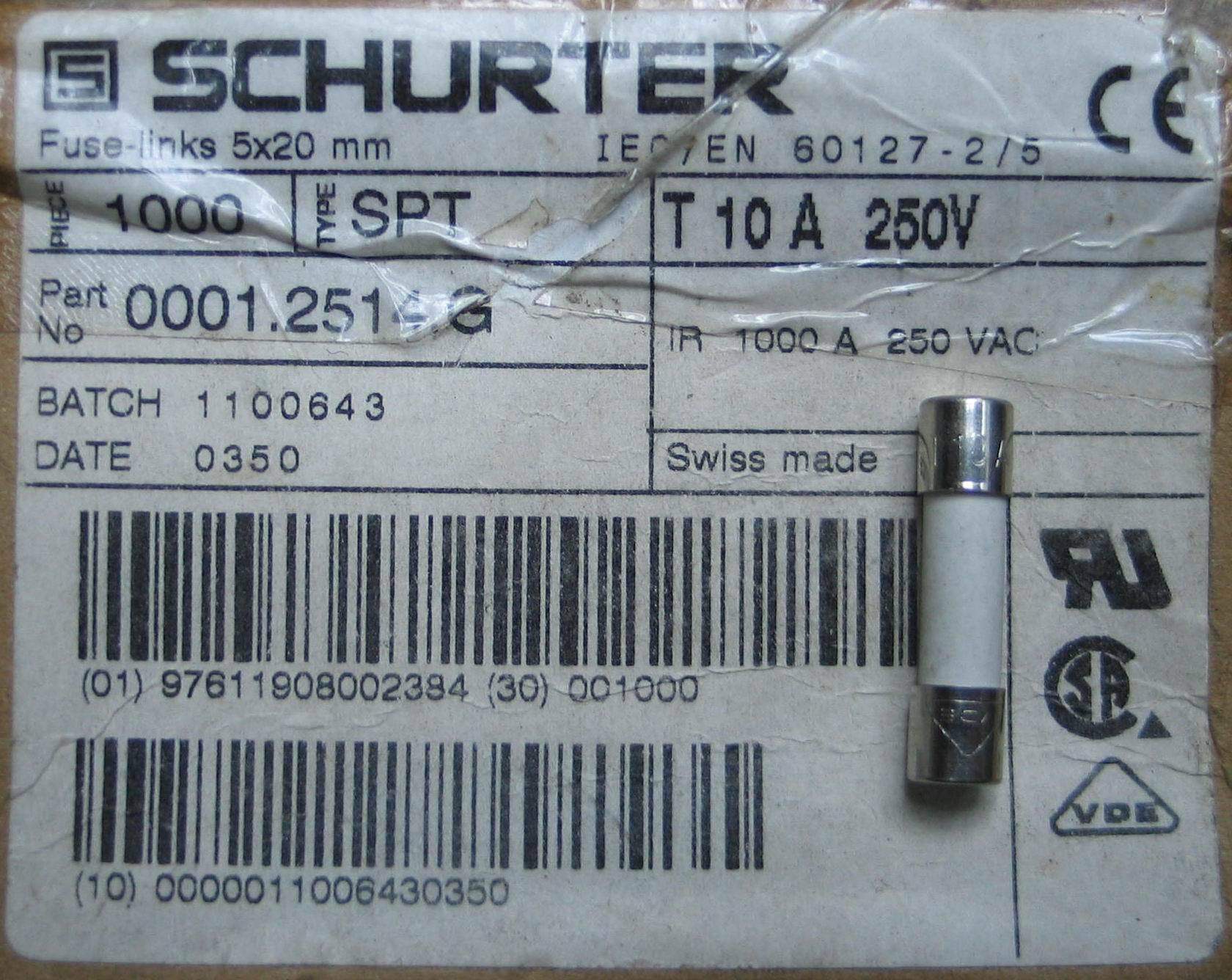 T10A250v stock old NOS Schutter SCHURTER Swiss production 5*20mm ceramic shell delay insurance tube