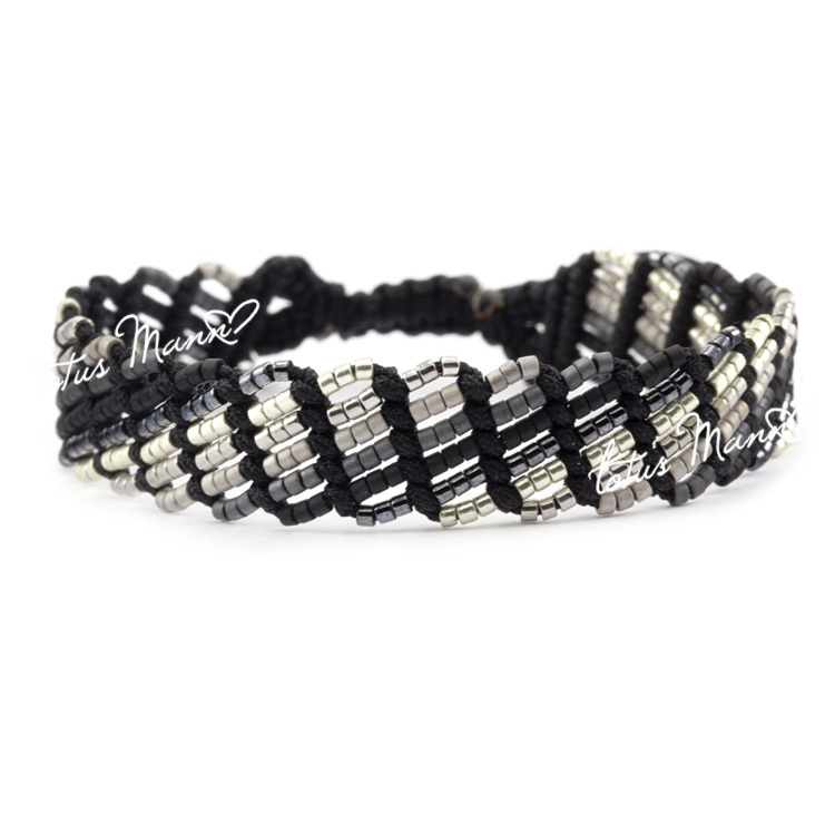 Black&Silver Metal and Black Seed Beads Hand-Woven Friendship Bracelet Lotus Mann Black&Silver Metal and Black Seed Beads Hand-Woven Friendship Bracelet Lotus Mann